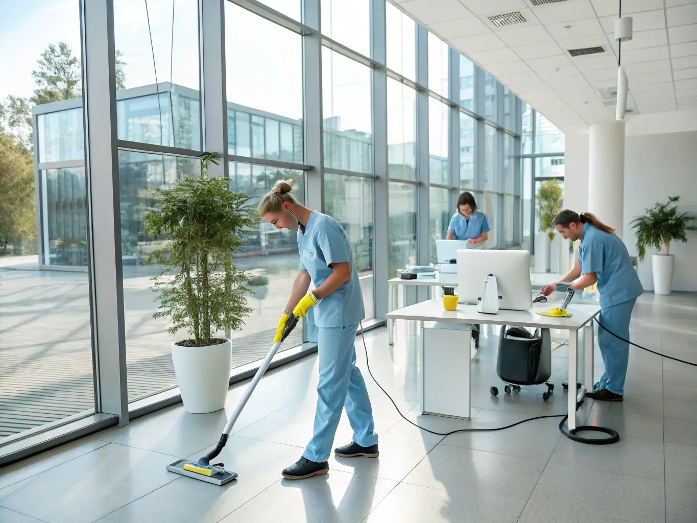 A team performing a deep cleaning in a newly renovated space, with cleaning tools and equipment, removing dust and debris to reveal a pristine and refreshed environment, representing White Dove Cleaning Services' specialty cleaning.