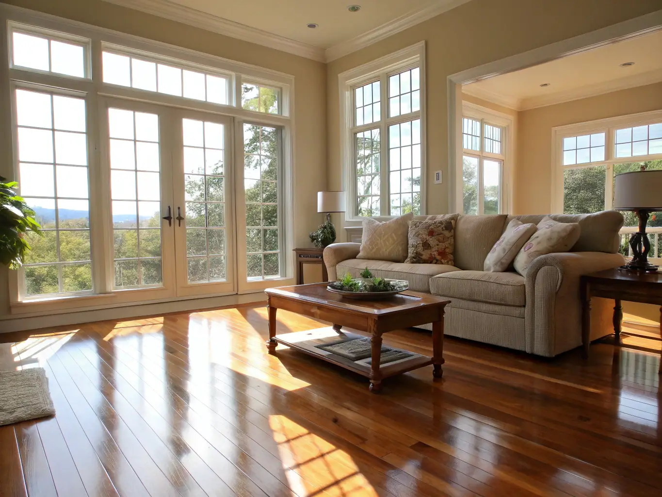 A clean, bright living room with freshly vacuumed carpets, neatly arranged furniture, and sparkling surfaces, showcasing the comfort and cleanliness achieved through White Dove Cleaning Services' residential cleaning.