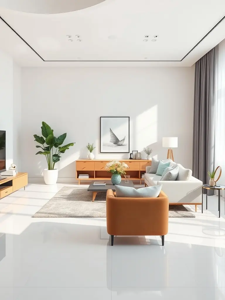 A modern home interior in Avon, Indiana, showcasing a spotless living room with gleaming hardwood floors, freshly dusted surfaces, and organized decor, reflecting the quality of White Dove Cleaning Services.